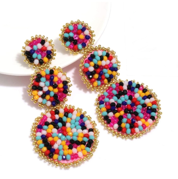 Confetti Multicolor Beaded Triple Tier Earrings Bohemian Bold Boho Statement New - Picture 2 of 11